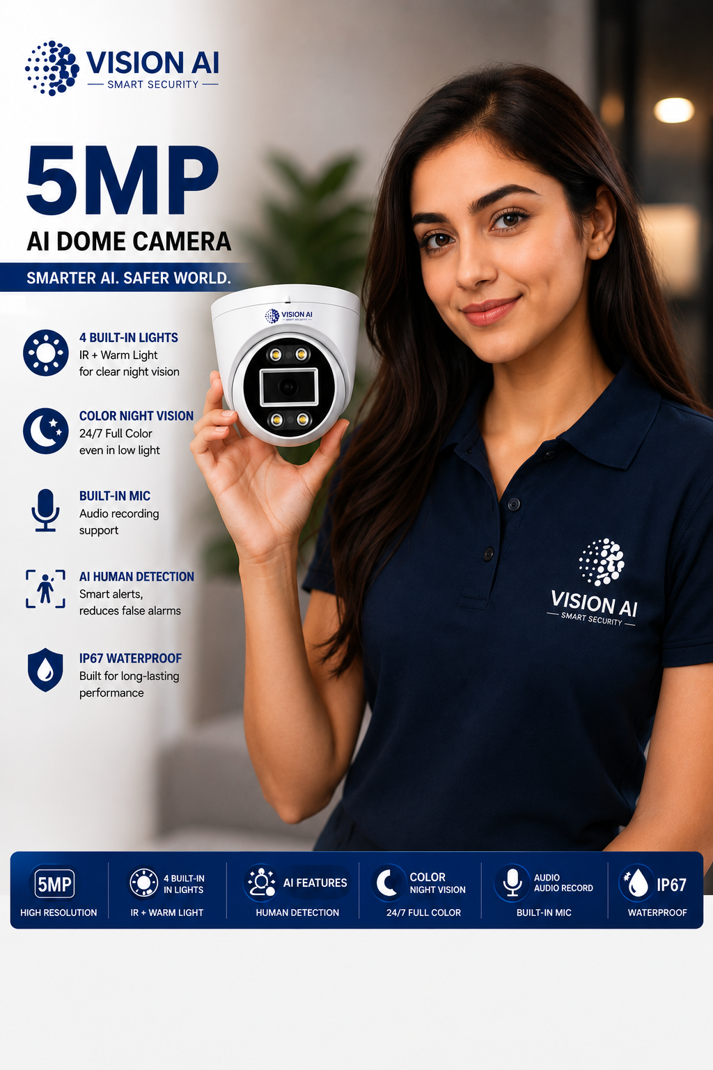 Vision AI 5MP AI Smart Dome CCTV Camera – 4K Ultra HD, Color Night Vision, Human Detection, Audio & 4 LED Lights